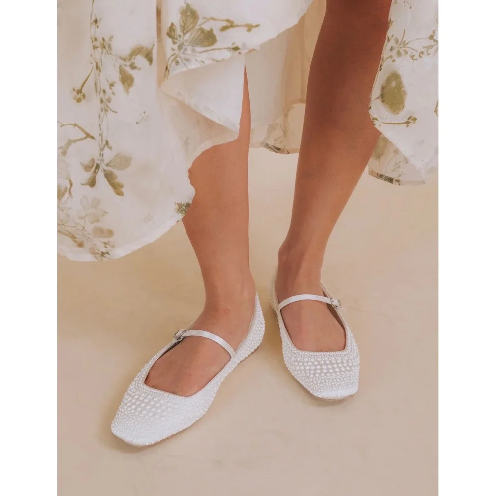 Dolce Vita 9.5 Womens Satin Reyes Pearl Strappy Mary Jane Ballet Flats